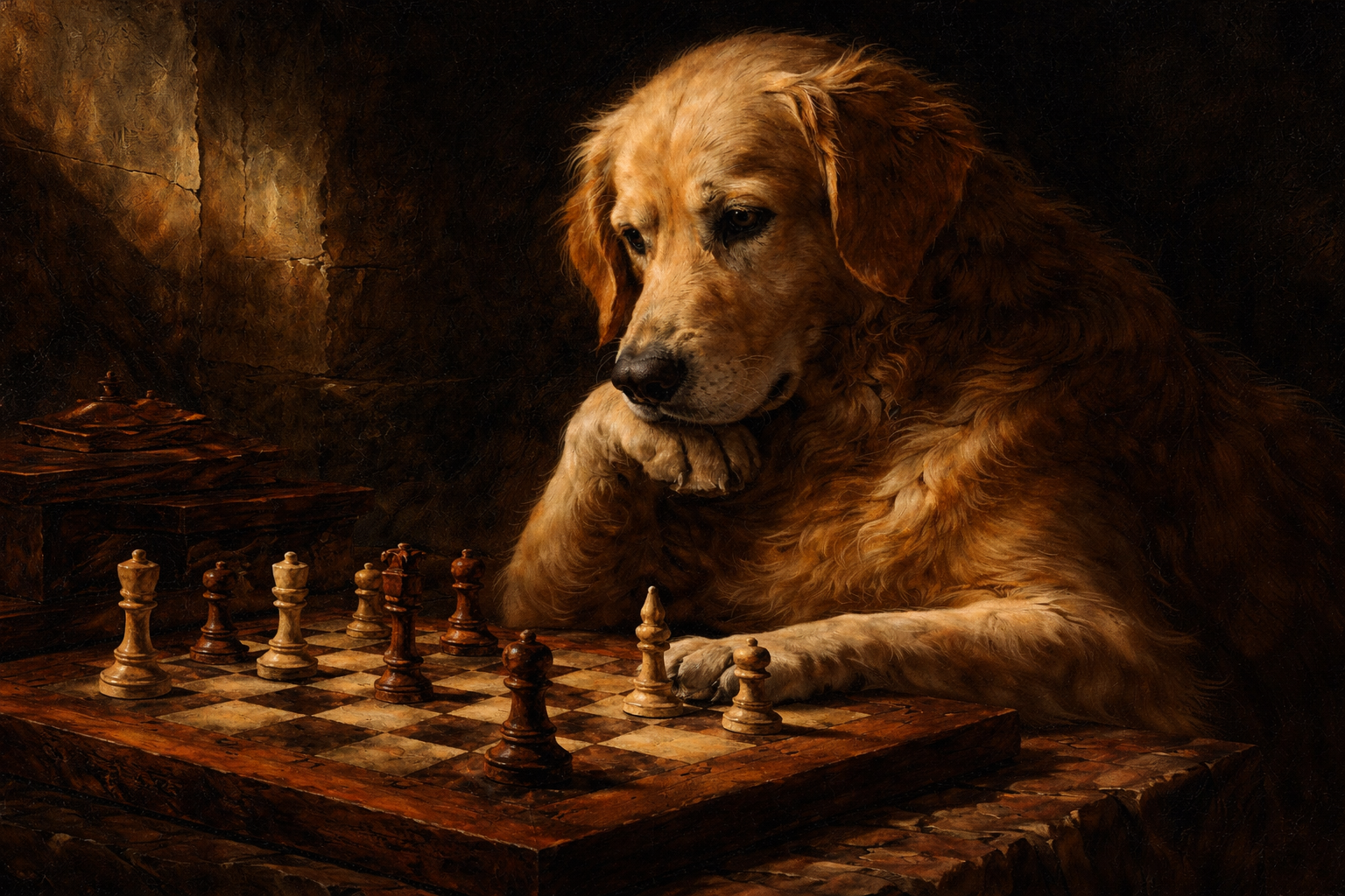 A dog solemnly pondering a chessboard, painted in the style of Caravaggio